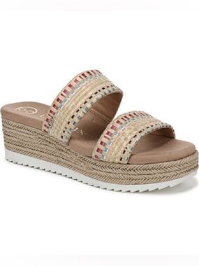 Beige Woven Double-Strap Platform Slide Sandal